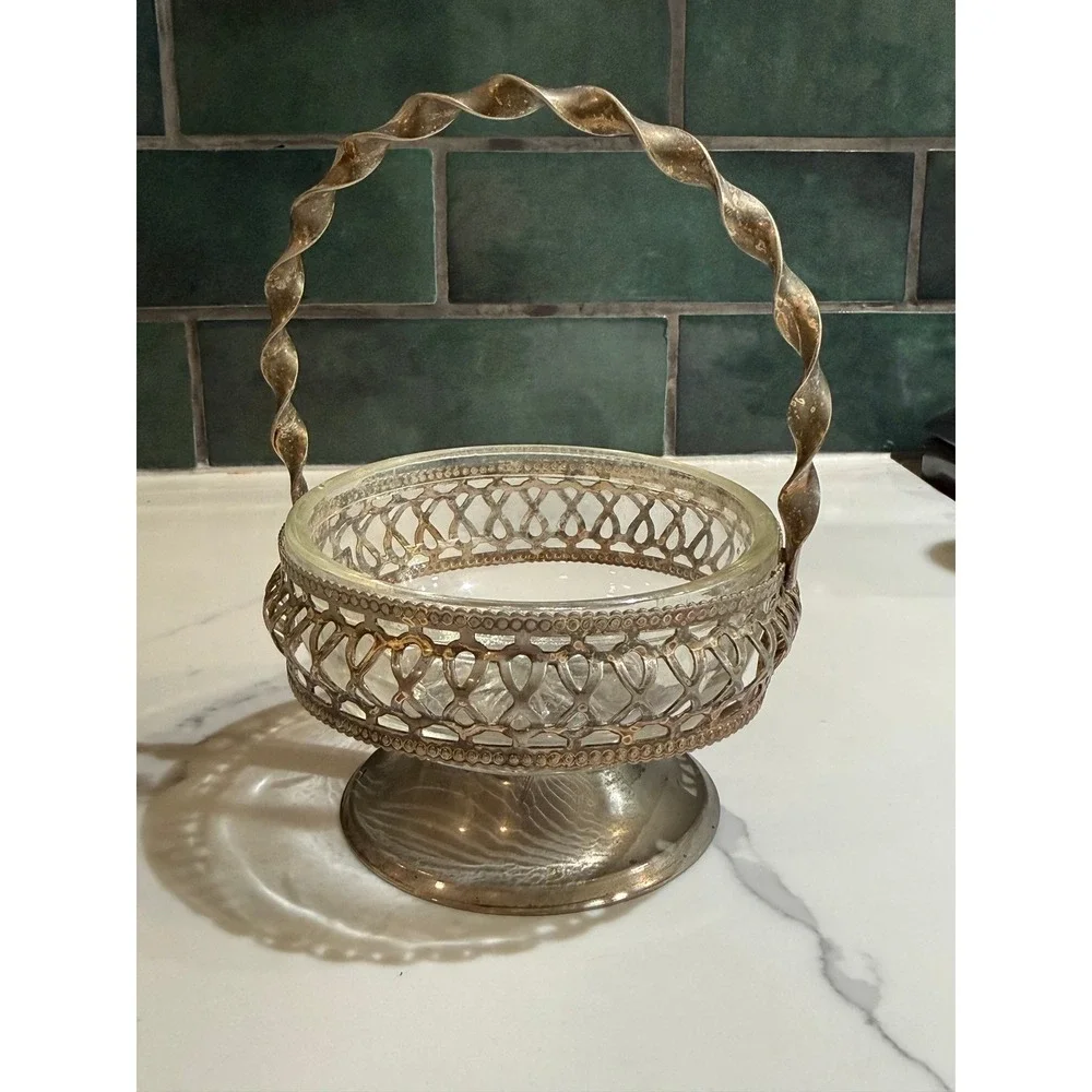 Vintage Silver Plated Candy Dish Glass Insert Twisted Handle England Etched